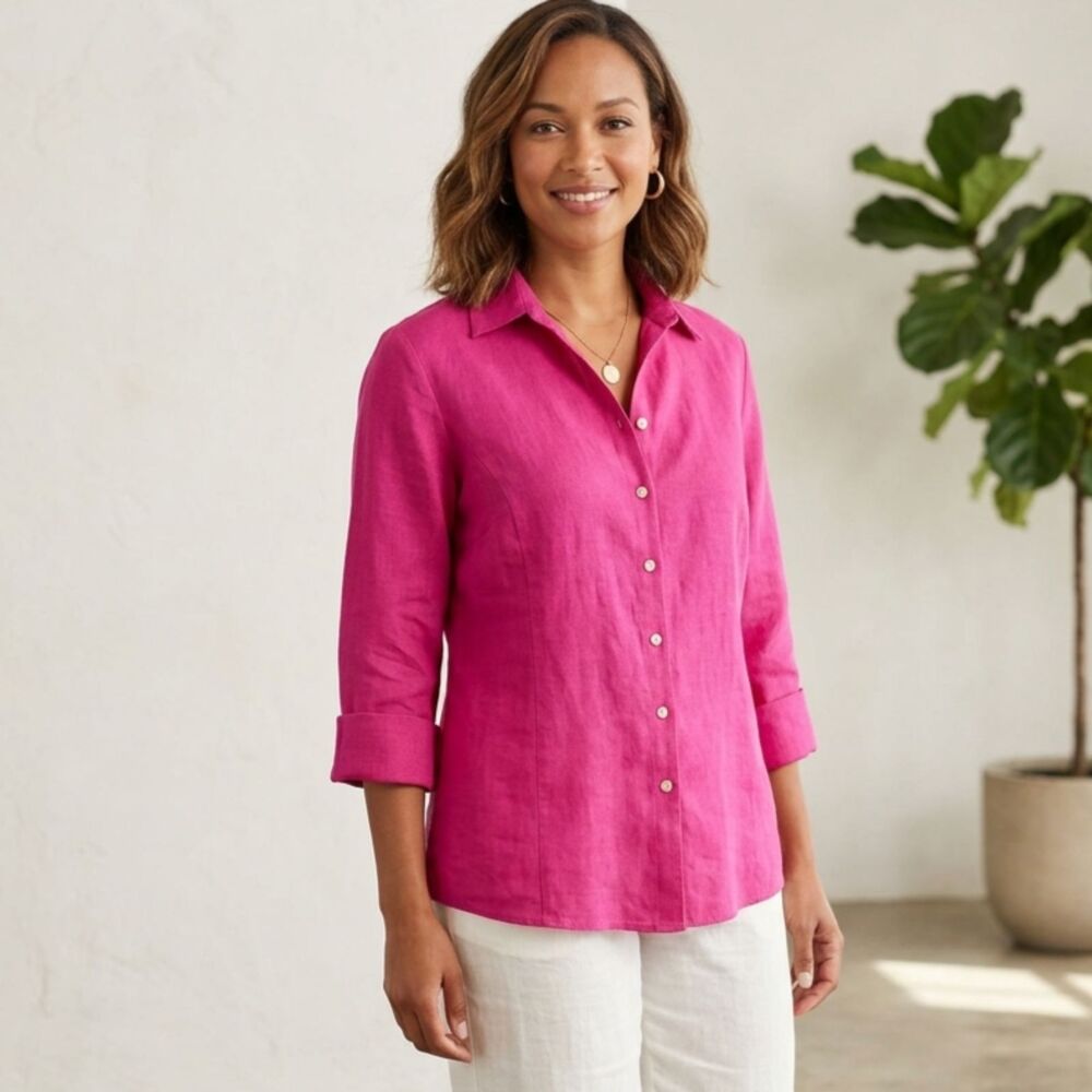 Talbots Irish Linen  Button Up Shirt Womens 8 Medium Pink 3/4 Sleeve Cuffed